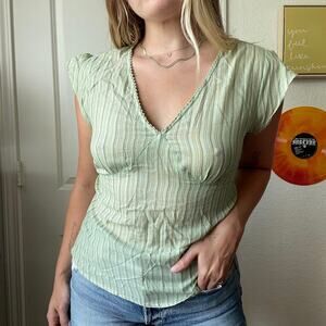 Vintage Y2K 2000s DCC Green Striped Tie Back V Neck Blouse Sz L
